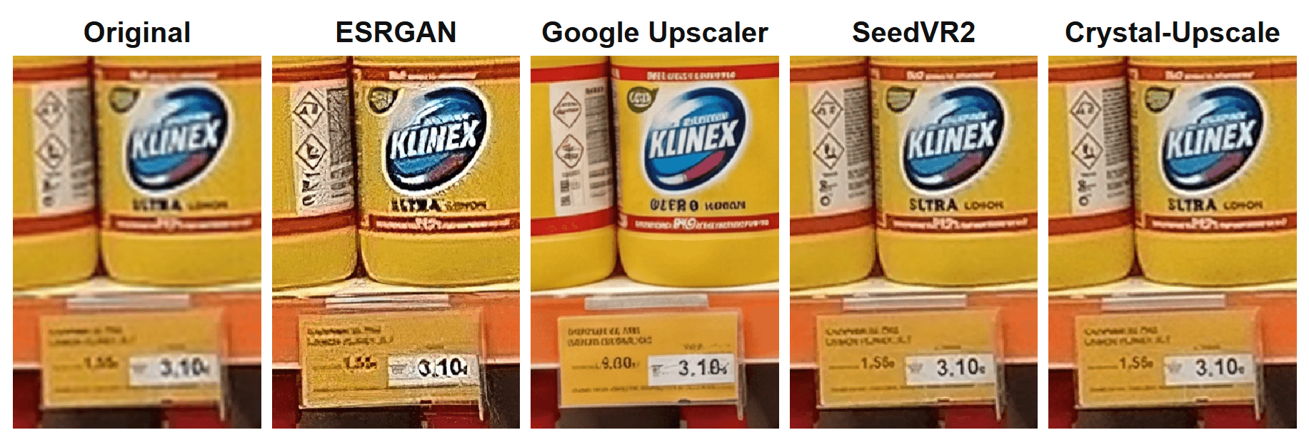 Comparison of the original supermarket bottle crop with ESRGAN, Google Upscaler, SeedVR2 and Crystal Upscaler results