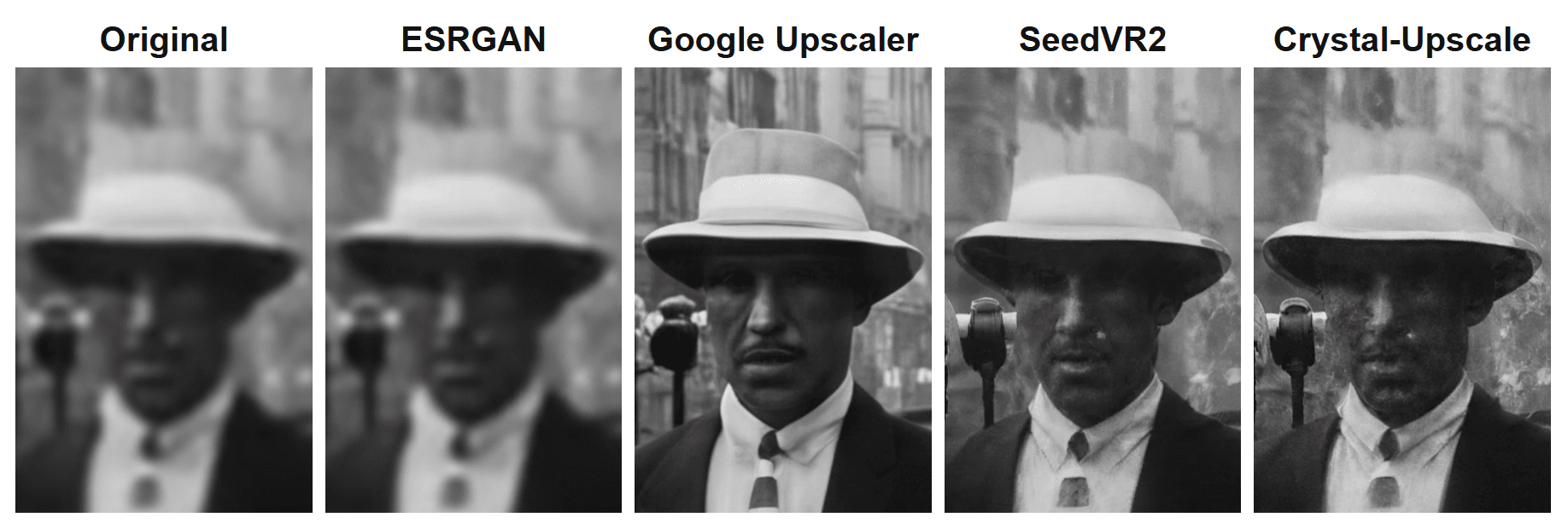 Comparison of a face crop from a historic street photograph upscaled by ESRGAN, Google Upscaler, SeedVR2 and Crystal Upscaler